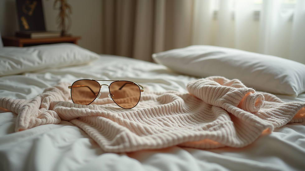 Close-up view of a neatly arranged outfit and accessories on a bed