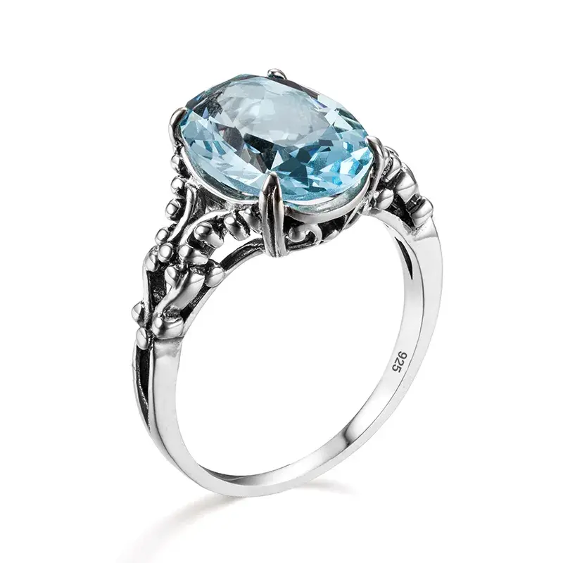 Sterling Silver Aquamarine Ring Neo-Gothic Oval