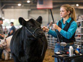 Livestock exhibitor practicing showmanship with a steer in the show ring during livestock show preparation
