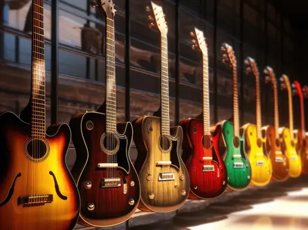 A row of guitars hanging on a stand