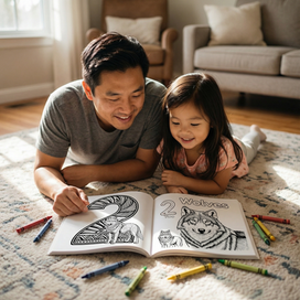 Animals Teach 1-10 - Young Girl and Dad on the ground with the coloring book