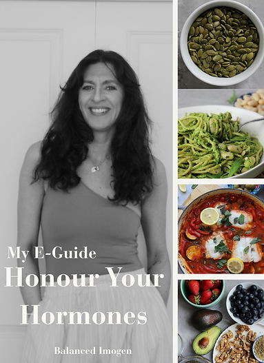 Balanced Imogen holding her Honour Your Hormones guide alongside colourful wholefood recipes.