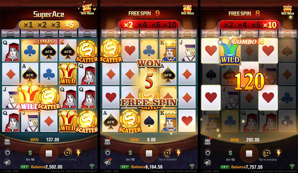 Three vertical screenshots of a mobile slot game interface by JILI, displaying card symbols, wild cards, scatter coins, and free spin multipliers.