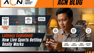 Filipino mobile user viewing a fictional live sports interface alongside a graphic showing latency between a sporting event, data provider, sportsbook system and device.