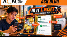 An ACN Blog editorial infographic banner titled "IS IT LEGIT? VERIFY BEFORE YOU PLAY" featuring a Filipino smartphone user comparing a scatter gaming app interface with the official PAGCOR Guarantee verification website.