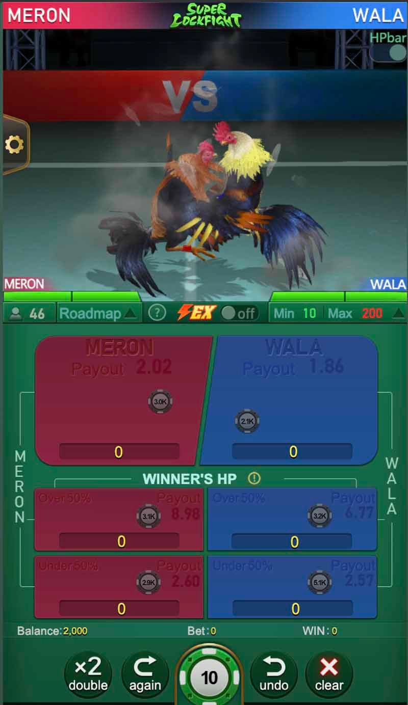 Super Esbong JILI game screen showing two virtual roosters facing off in a simulated cockfight.