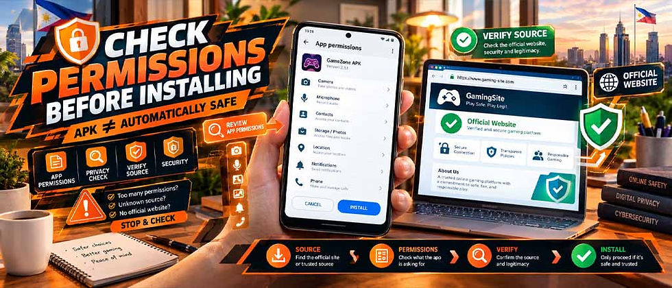 Android smartphone showing APK app permissions beside a verified gaming website