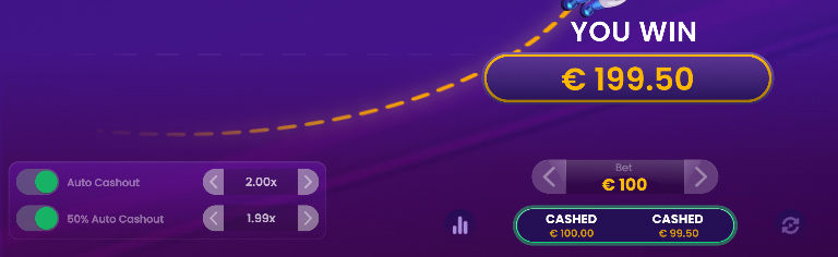 In-game interface of the Spaceman crash game highlighting auto-cashout features and a successful win payout of 199.50 euros.