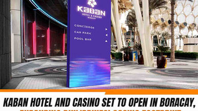 Purple directional sign for Kaban Hotel & Casino Boracay with news graphic text announcing its opening and expansion of the Philippines casino industry.