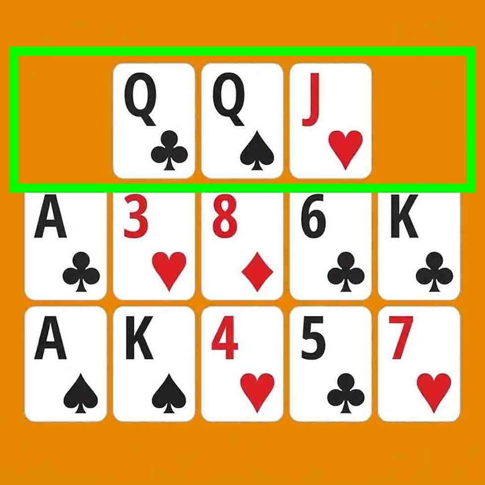 Diagram of a 13-card Pusoy arrangement on an orange background, highlighting a top-hand One Pair composed of two Queens and a Jack enclosed in a green box.