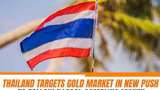Thailand national flag waving with graphic headline text about Thailand targeting the gold market to track illegal gambling funds.