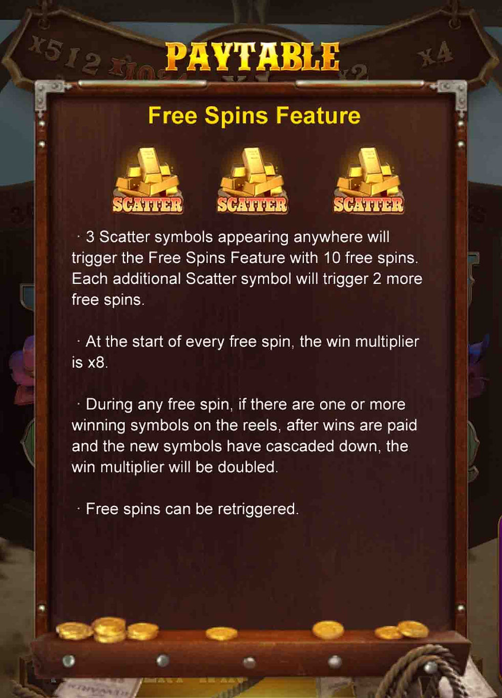 In-game paytable screen detailing the Free Spins Feature rules and multiplier mechanics for Wild Bounty Showdown.