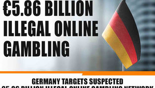 Asia Casino News graphic highlighting Germany targeting a suspected €5.86 billion illegal online gambling network with a German flag in the background.
