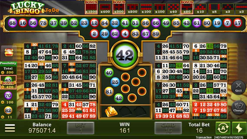 Gameplay screenshot of the Lucky Bingo online game by TaDa Gaming featuring multiple active bingo cards, drawn numbers, and bonus multiplier options.