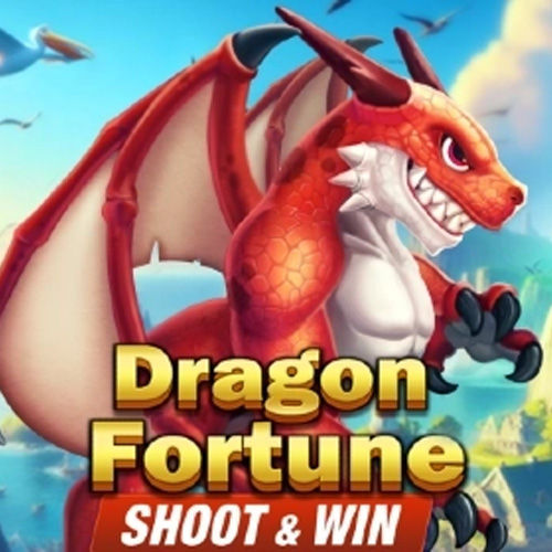 Dragon Fortune Shoot and Win game banner showing a 3D red dragon character on an island background.