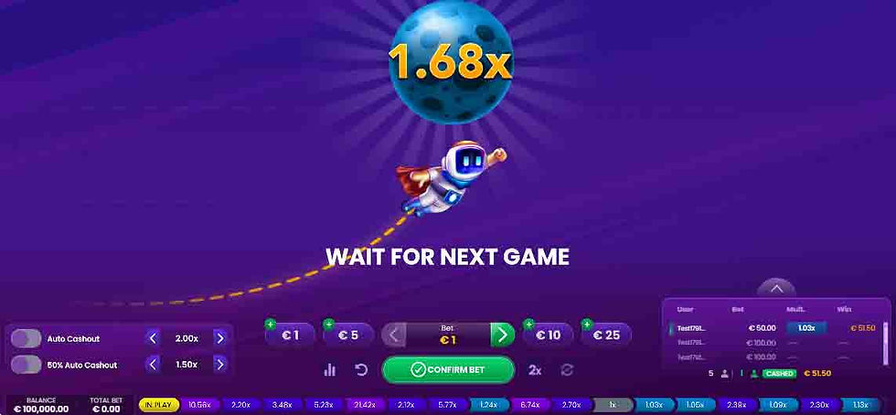 In-game interface of the Spaceman crash game showing an astronaut ascending towards a multiplier moon with betting controls and history bar.