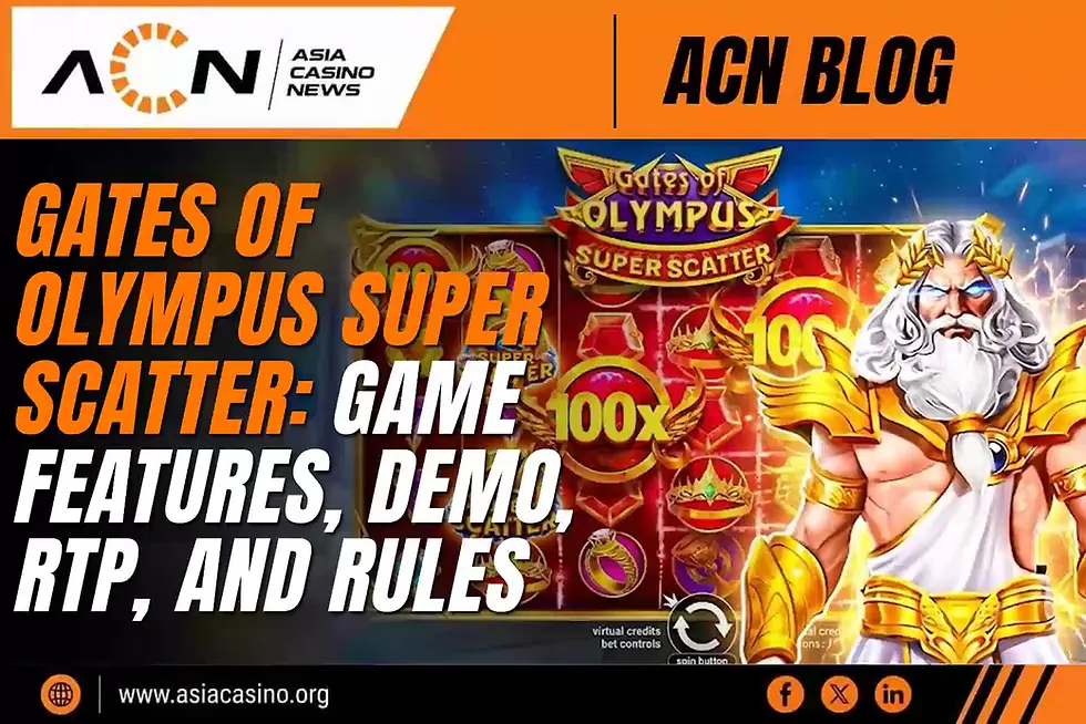Promotional graphic for Pragmatic Play's Gates of Olympus Super Scatter slot featuring Zeus, 100x multiplier badges, and headline text covering features, demo, RTP, and rules.