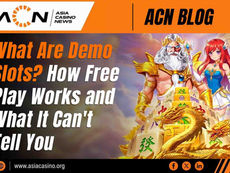 Promotional graphic featuring mythical slot characters, Zeus, and Mahjong-themed game elements alongside bold text discussing free play demo slots and mechanics.