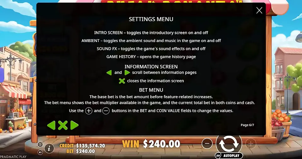 Settings and Bet Menu information screen for Pragmatic Play's Rujak Bonanza slot detailing sound toggles, game history, and coin value adjustments.