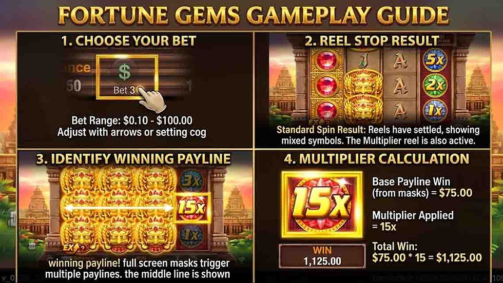 Four-step gameplay guide for the Fortune Gems slot game illustrating bet selection, reel results, winning paylines, and multiplier calculations.