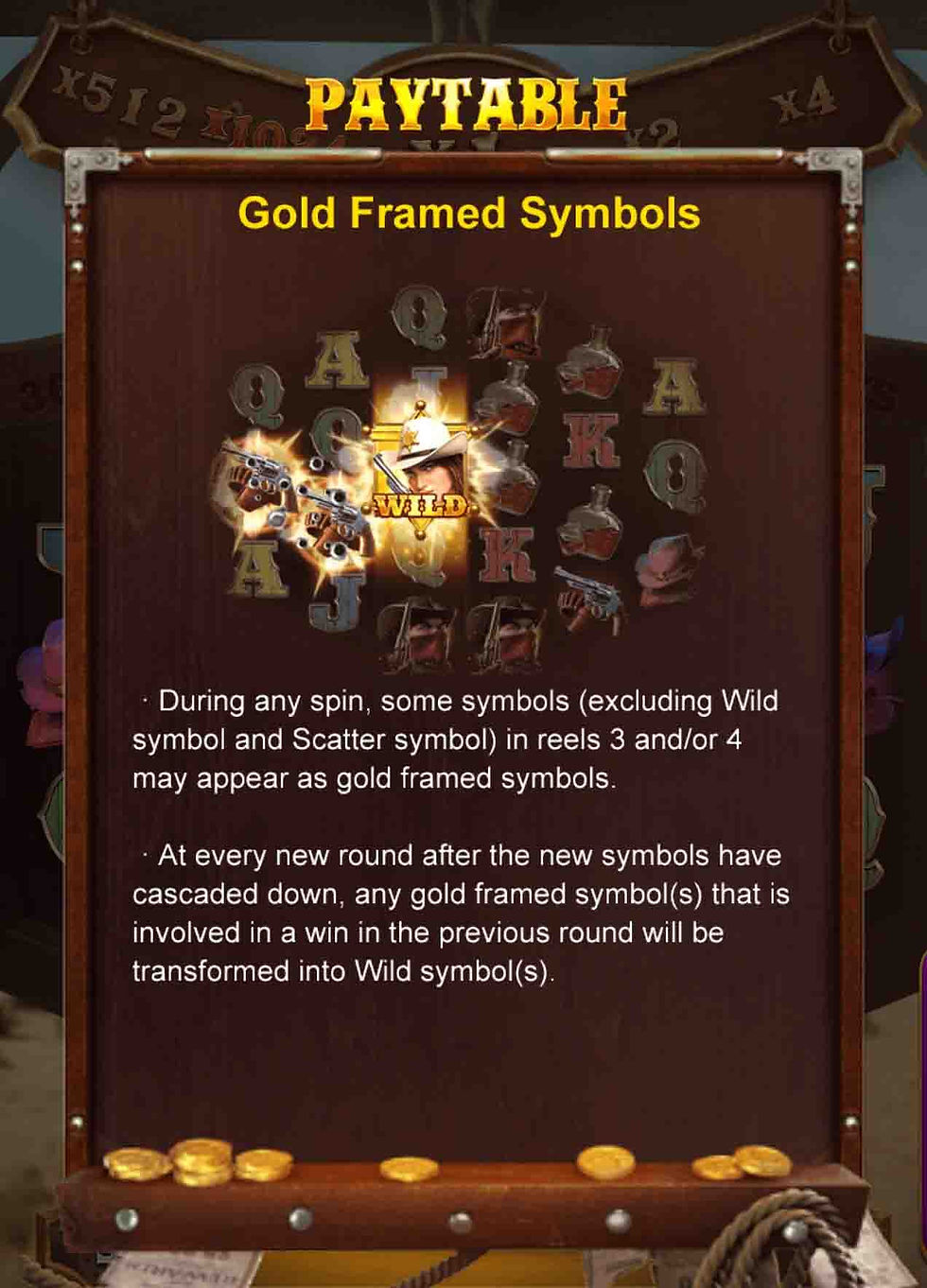 In-game paytable interface detailing gold-framed symbol rules and wild transformations for Wild Bounty Showdown.