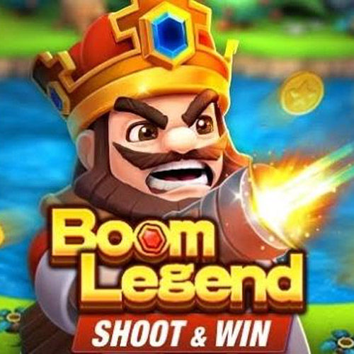 Boom Legend Shoot and Win game logo depicting a crowned king firing a cannon blaster.