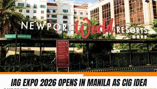 Exterior of Newport World Resorts complex in Manila with banner text announcing the IAG Expo 2026 and CIG IDEA Summit on the Philippines iGaming market.