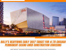 Architectural rendering of the proposed Bally's Chicago permanent casino building along the waterfront, illuminated at dusk.