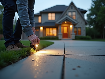 A homeowner inspecting a concrete driveway for cracks using a flashlight, with a residenti