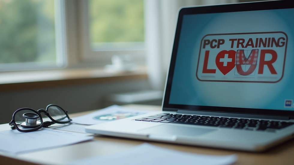 Eye-level view of a laptop on a desk with CPR training materials