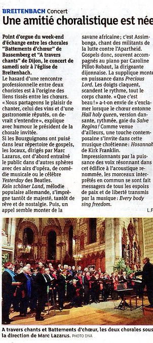 La chorale Battements d'Choeur de la vallée de Villé a tenu son Asemblée Générale 2016. Elle cherche de nouveaux choristes. Article paru dans le journal "l'ALSACE" du 25 octobre 2016