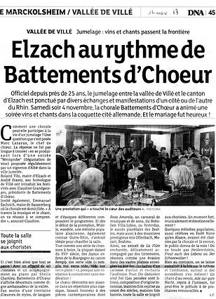 La chorale Battements d'Choeur de la vallée de Villé a tenu son Asemblée Générale 2016. Elle cherche de nouveaux choristes. Article paru dans le journal "l'ALSACE" du 25 octobre 2016