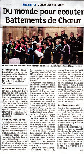 La chorale Battements d'Choeur de la vallée de Villé a tenu son Asemblée Générale 2016. Elle cherche de nouveaux choristes. Article paru dans le journal "l'ALSACE" du 25 octobre 2016