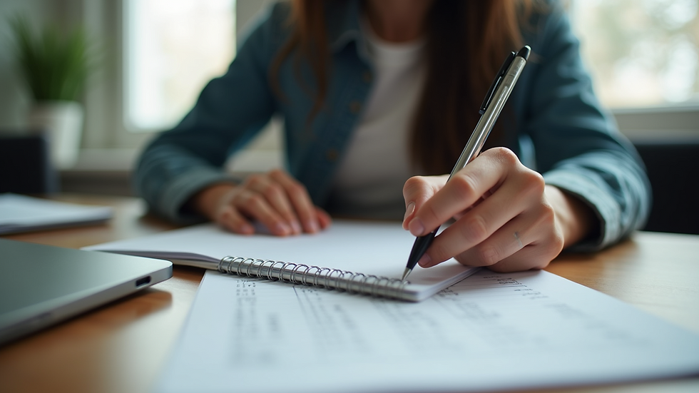 Eye-level view of a student writing a budget plan in a notebook