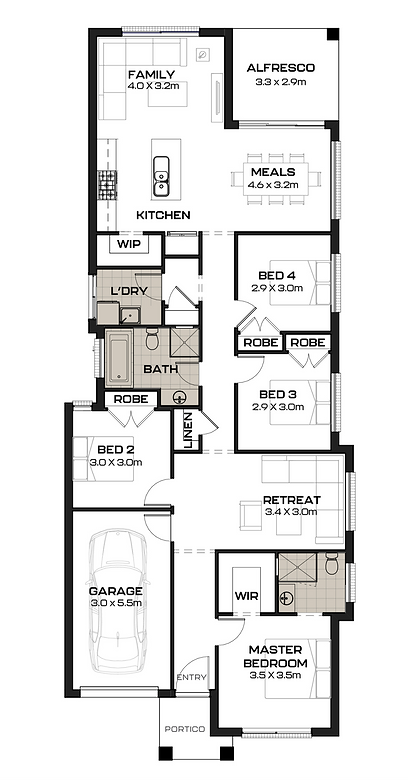 Double Storey Four-bedroom floor plan with open living spaces and garage