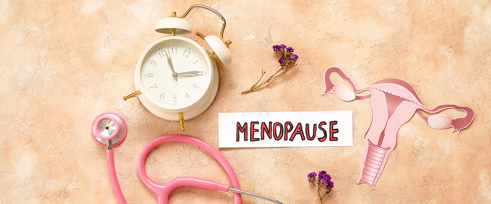 Clock, pink stethoscope, and cutout of a uterus on a beige background with flowers. "Menopause" text is prominently displayed.