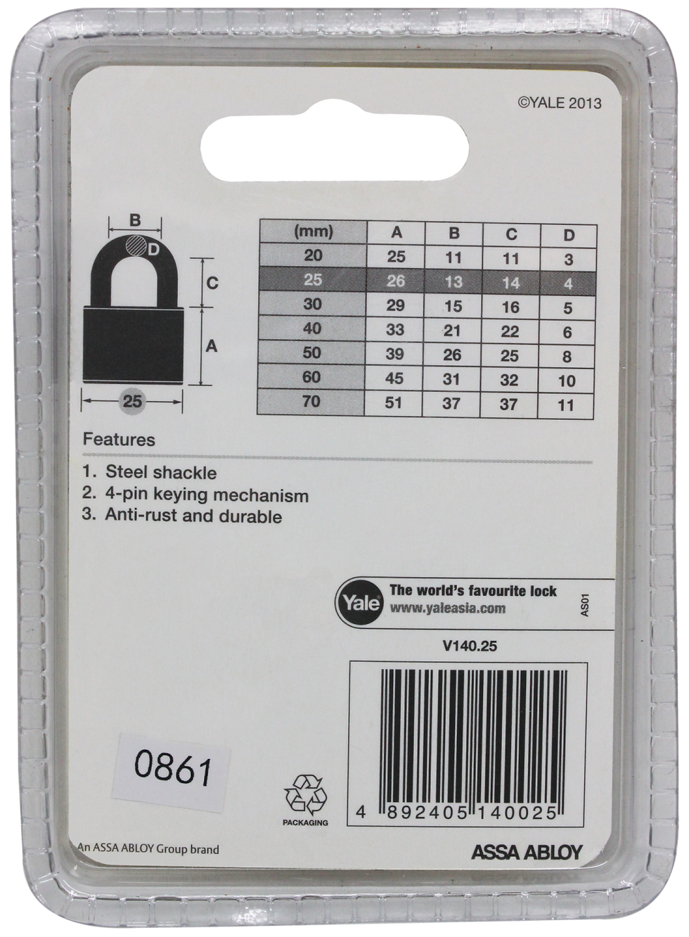 Thumbnail: Yale Brass Padlock(USA) v-140 25mm