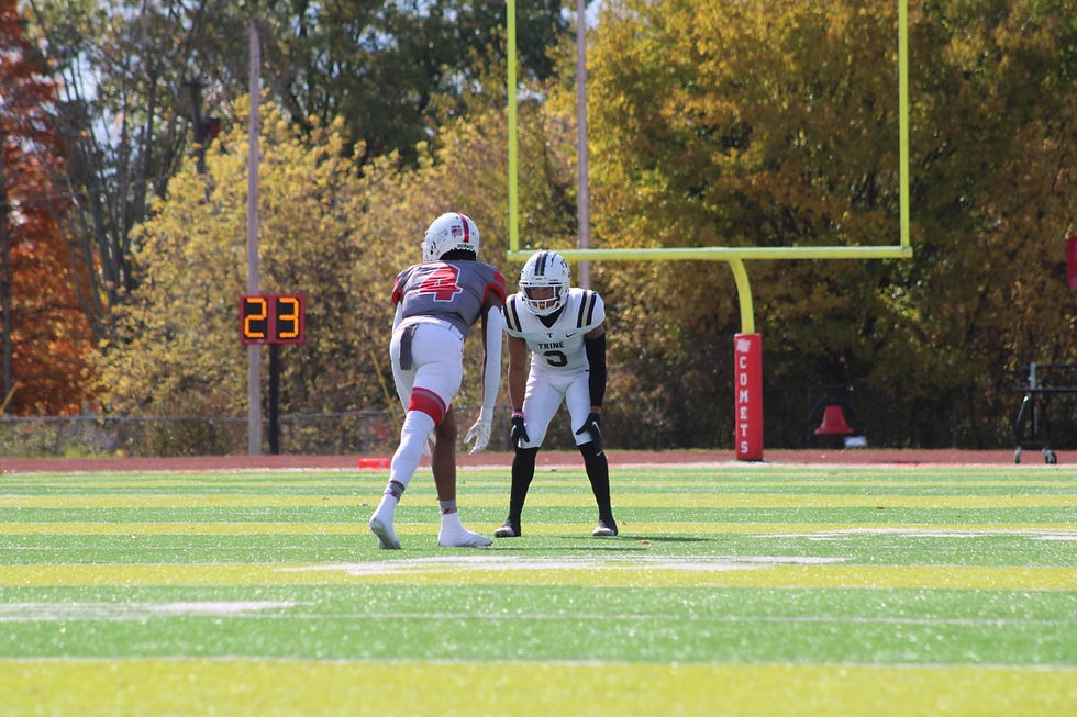 OLIVET, MICHIGAN (October 15, 2022)- Senior Jacari Hamilton (#4) lines up for a pass during Olivet’s game against Trine University.