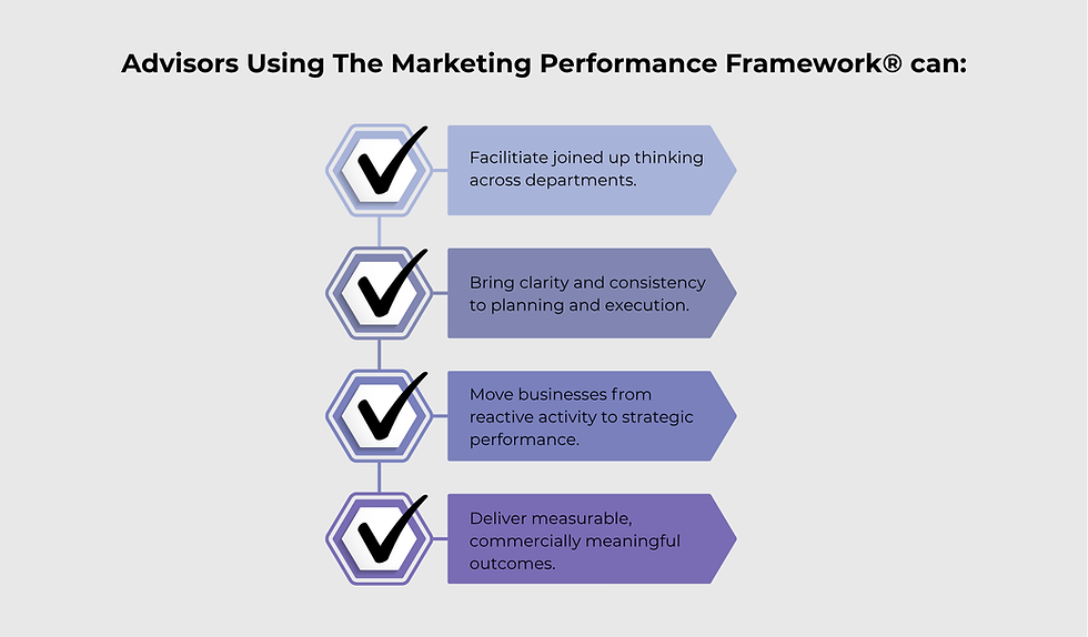Infographic showing what advisors can achieve with their SME clients by using The Marketing Performance Framework®