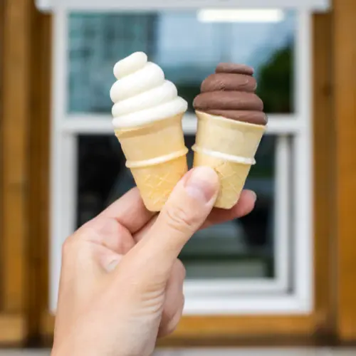 close up of a hand holding a vanilla and carob ice cream cone treat for a dog. resembles a soft serve cone