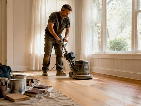Craftsman sanding hardwood floor in home