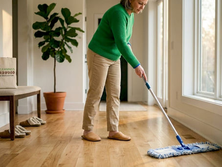 Homeowner dust mopping hardwood floor in foyer