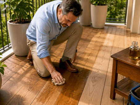 Man conditioning oak hardwood floor in living room