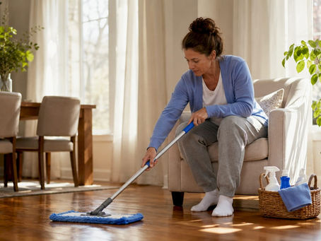Homeowner dust mopping hardwood floor in living room