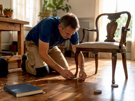 Man applying felt pads under furniture on hardwood floor