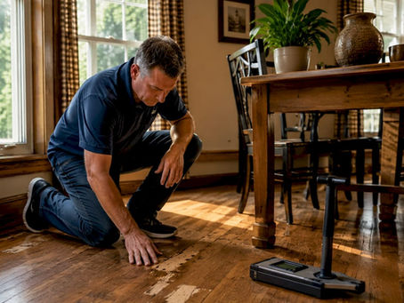Man inspecting peeling hardwood floor finish