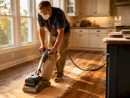 Man sanding hardwood floor in home
