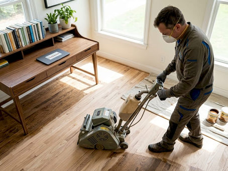 Professional sanding hardwood floor in living room