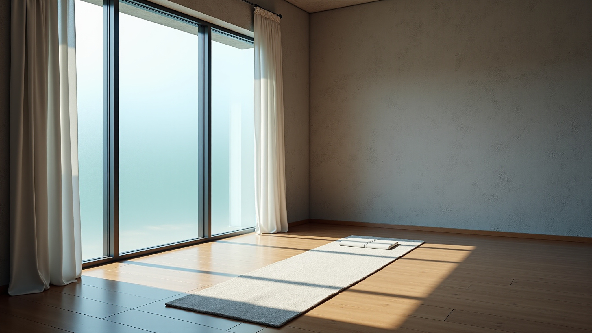 Empty minimalist room with yoga mat on wooden floor by large window.