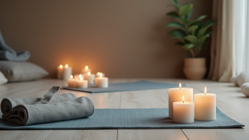 Peaceful yoga studio with mats, burning candles, and potted plant.